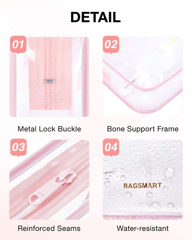 BAGSMART Clear Toiletry Bag, 2 Pack TSA Approved Carry on Travel Accessories Bag Airport Airline Quart Size Bags Water Repellent Makeup Cosmetic Bag for Women (Pink-2pcs)