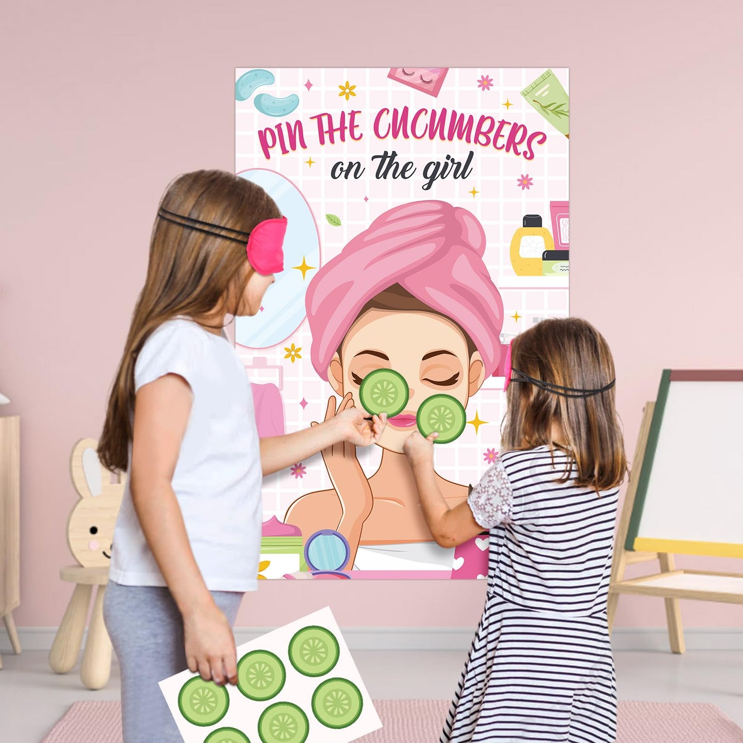 Hxezoc Spa Party Games Pin The Cucumbers on The Girl With 42 Pcs Cucumber Stickers, Large Spa Party Games Poster for Kids Girls Women Spa Birthday Party Carnival Supplies