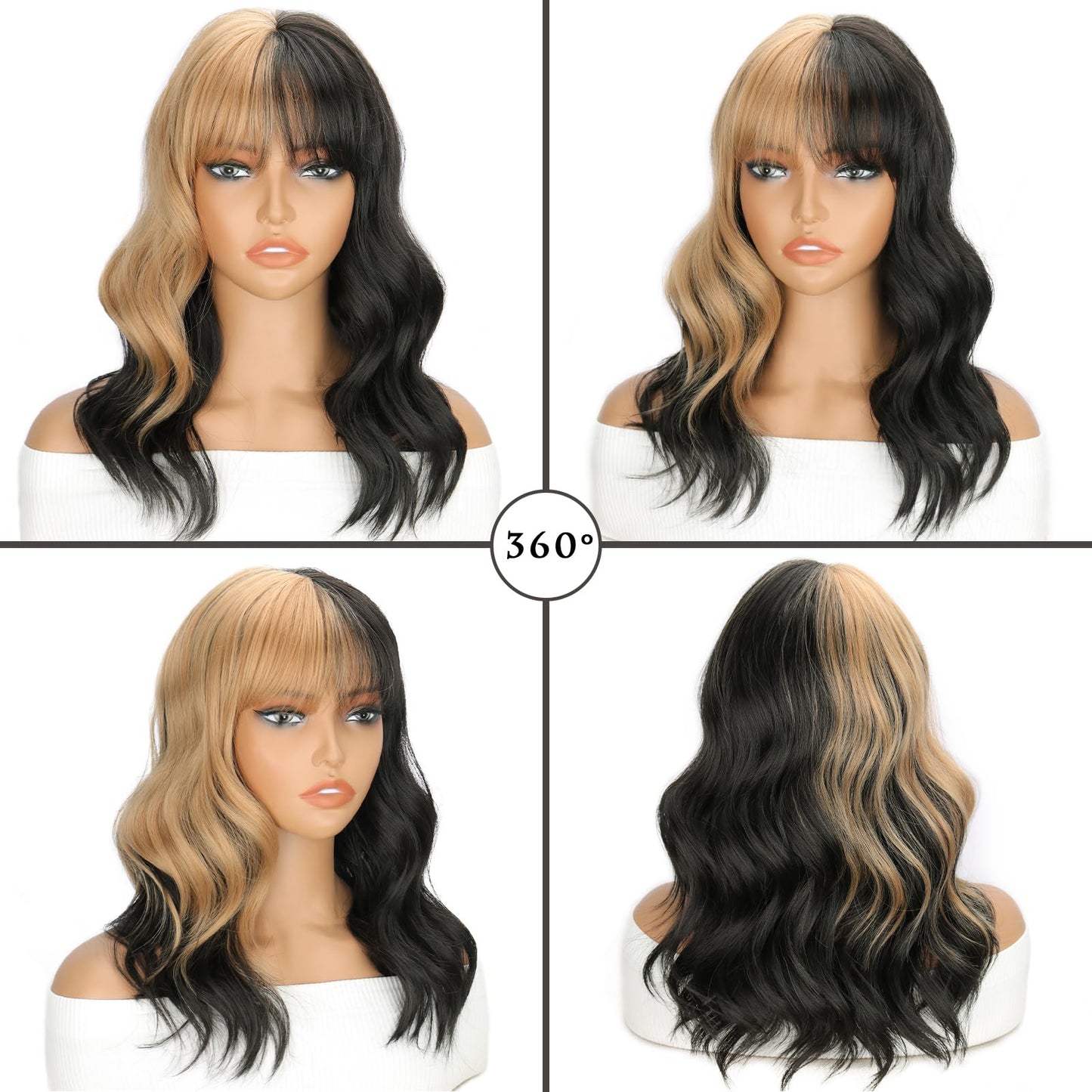 LINGHANG Black and Blonde Wig for Women Shoulder Length Wavy Wigs with Bangs Women's Synthetic Wigs Heat Resistant Hair for Cosplay Halloween Daily Party Use