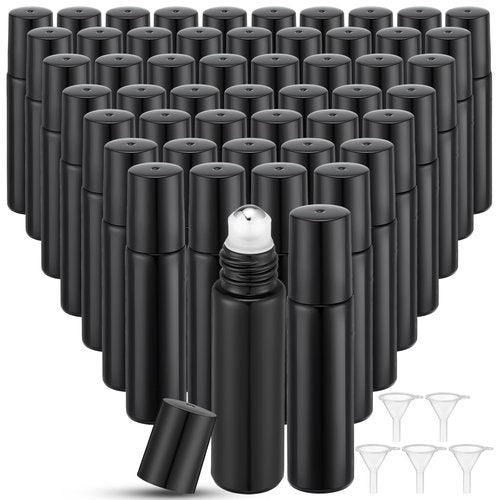 SEEWEY 96 Pcs Essential Oil Roller Bottles 10ml Empty Glass Roller Bottles with Stainless Steel Roller Balls Protection Leakproof with 5 Funnel for Travel Perfume Lip Gloss (Black)