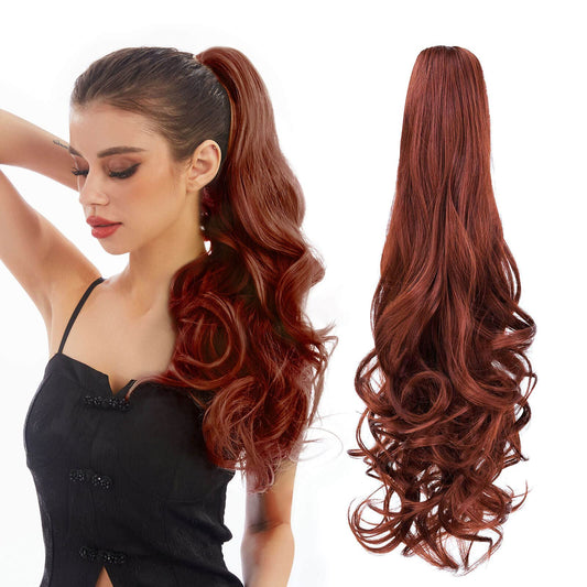 HEWEICSY Ponytail Extensions,Hair Extension Ponytail 22" Long Claw Hair Extension Synthetic Curly Wavy Hairpieces Ponytail Clip in Ponytail Wig Daily Fluffy Pony Tail for Women,4.8 OZ,Auburn