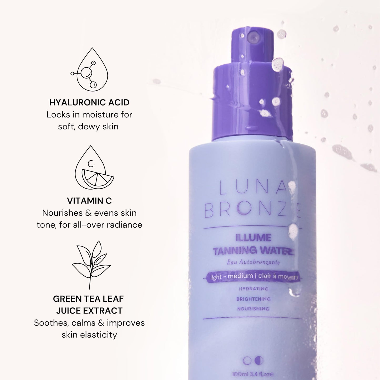 Luna Bronze Illume Tanning Water - Liquid, Natural & Organic, Vegan Friendly, Cruelty Free, For All Skin Tones, Light-Medium Glow, Hydrating & Nourishing