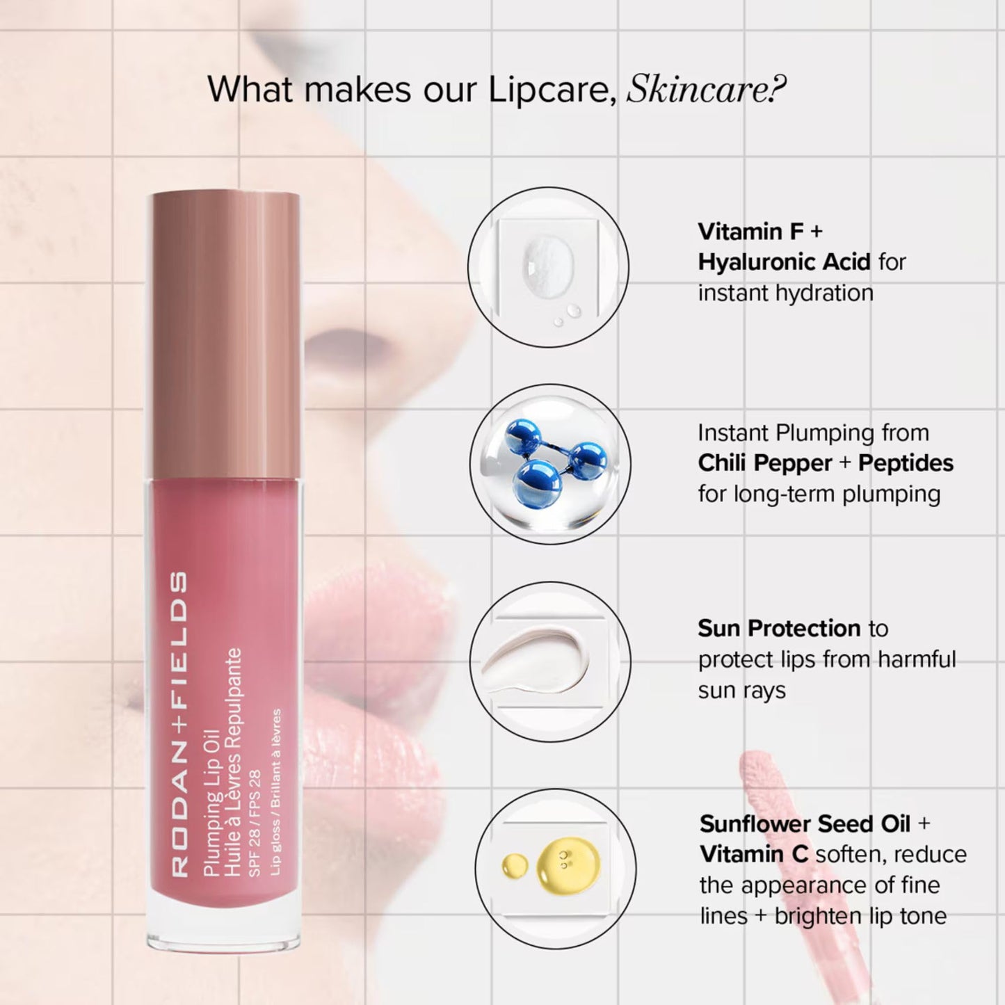 RODAN + FIELDS Plumping Lip Oil SPF 28 – 5 mL | Pink | Tinted Lip Treatment with Peptides, Hyaluronic Acid & Sunscreen Filters | Hydrates, Defines, Supports Softness & Enhances Look of Fuller Lips