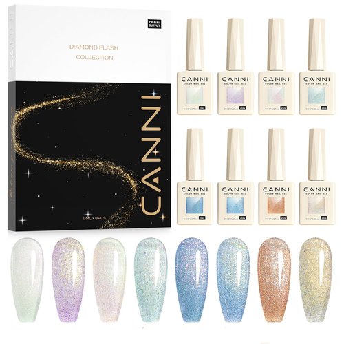 CANNI 8 Pcs 9 ML Glitter Gel Nail Polish Set, Shimmer Sparkly Gold Blue Yellow Purple Green Colors Gel Polish Kit Soak Off Led Nail Art Gel Manicure Salon DIY Gifts