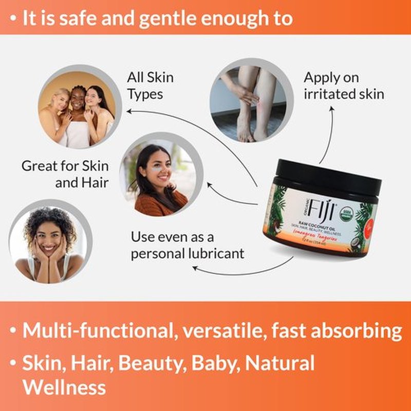 Organic Fiji Raw Cold Pressed Coconut Oil for Hair, Skin, Face & Body | Relaxing Massage Oil | Lemongrass Tangerine,12 oz for Women Men & Baby