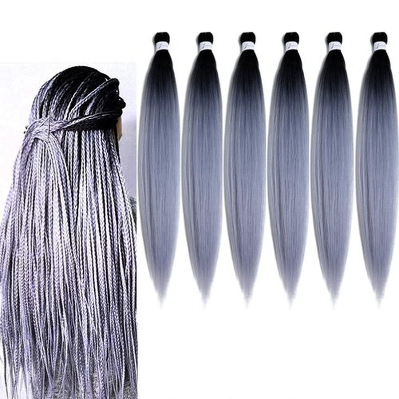 BALINGHAIR Pre-Stretched Braiding Hair Extensions High Temperature Braids Hair 28 Inch Ombre Black to Silver Grey(B37-6Packs)