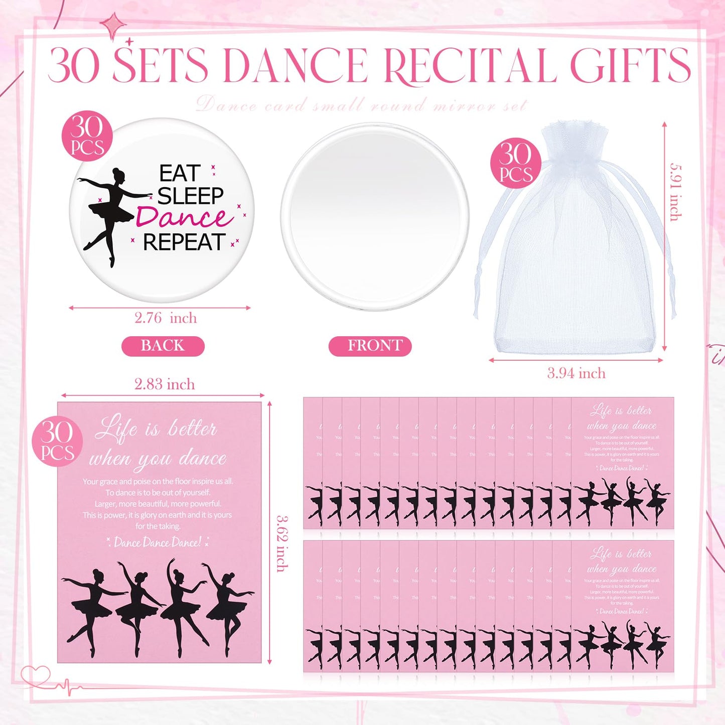 AceOrbit 30 Sets Ballerina Dance Gifts Bulk Pocket Mirror Card with Organza Bags for Women Inspirational Gifts Dancing Party Favors for Dance Team Supplies
