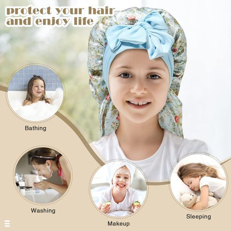 Kids Long Hair Bonnet for Sleeping - Double Layer Girls Elastic Satin Bonnet with Tie Band for Braid Curly Hair (Blue flower+Beige)