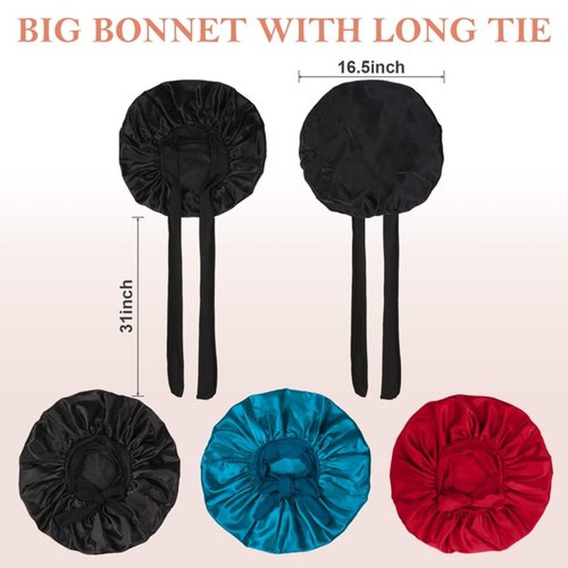 Kafteri 3Pcs Satin Silk Bonnet for Sleeping, Extra Large Hair Bonnets for Sleeping Black Curly Hair Women Big Jumbo Bonnet with Tie Band Braids Shower Cap