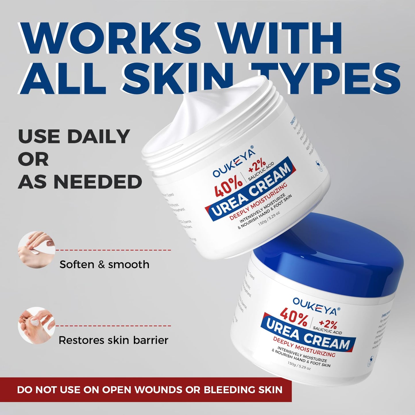OUKEYA NEW FORMULA Urea Cream 40% Plus 2% Salicylic Acid for Feet Maximum Strength, Dry Cracked Hand Heel Moisturizing Repair Lotion for Knees, Elbows, Removes Corns, Dead Skin Cream, 5.29 oz