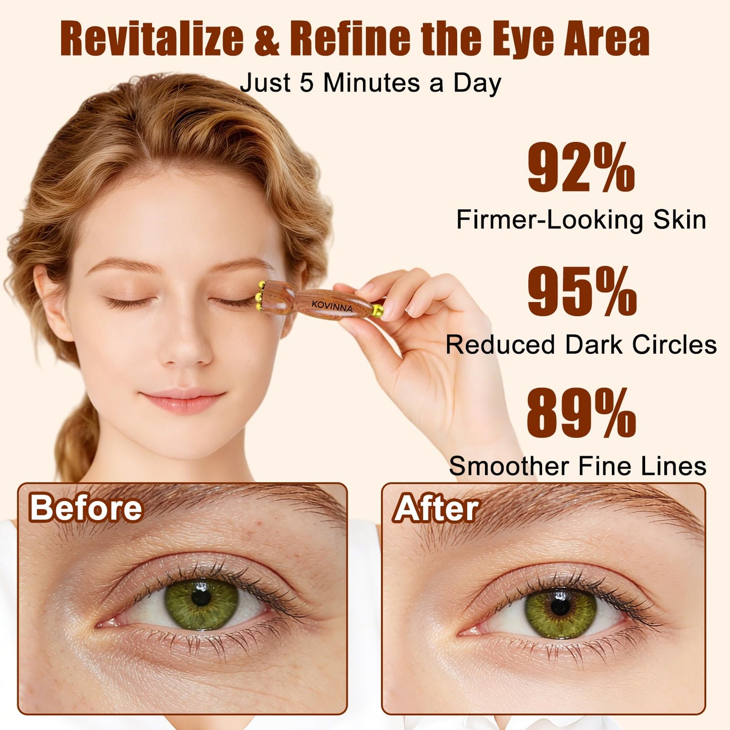 KOVINNA Brass Facial Massage Tool, Eye Massage Stick for Under Eye Gua Sha, Reduces Puffiness, Crow’s Feet & Dark Circles, Traditional Chinese Acupressure Tool, Set of 2