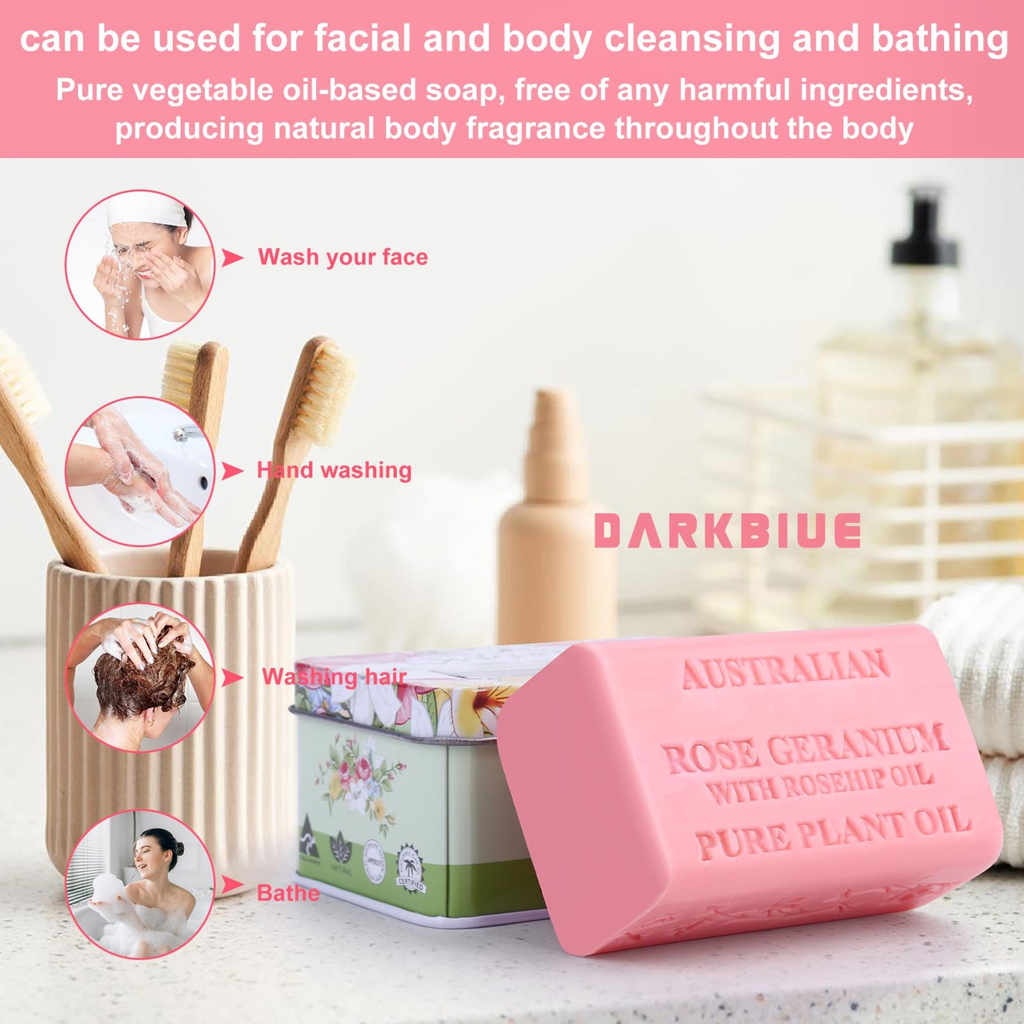 DarkBlue- Australian natural soap bar: bath soap bars; body soap bars;great scent(fragrance smell); cleansing well ; skin feeling soft;wash hair;shea moisture soap bars;rose soap bar (Rose Geranium)