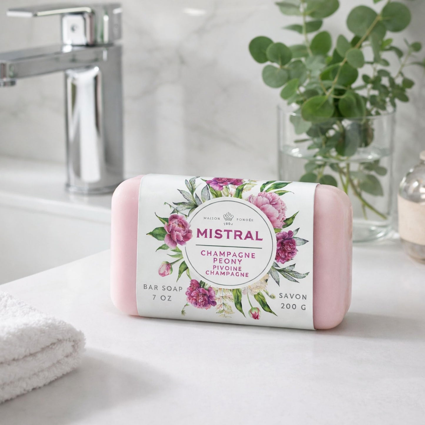 Mistral Champagne Peony Classic French Bar Soap for Women & Men, 2 x 7 oz