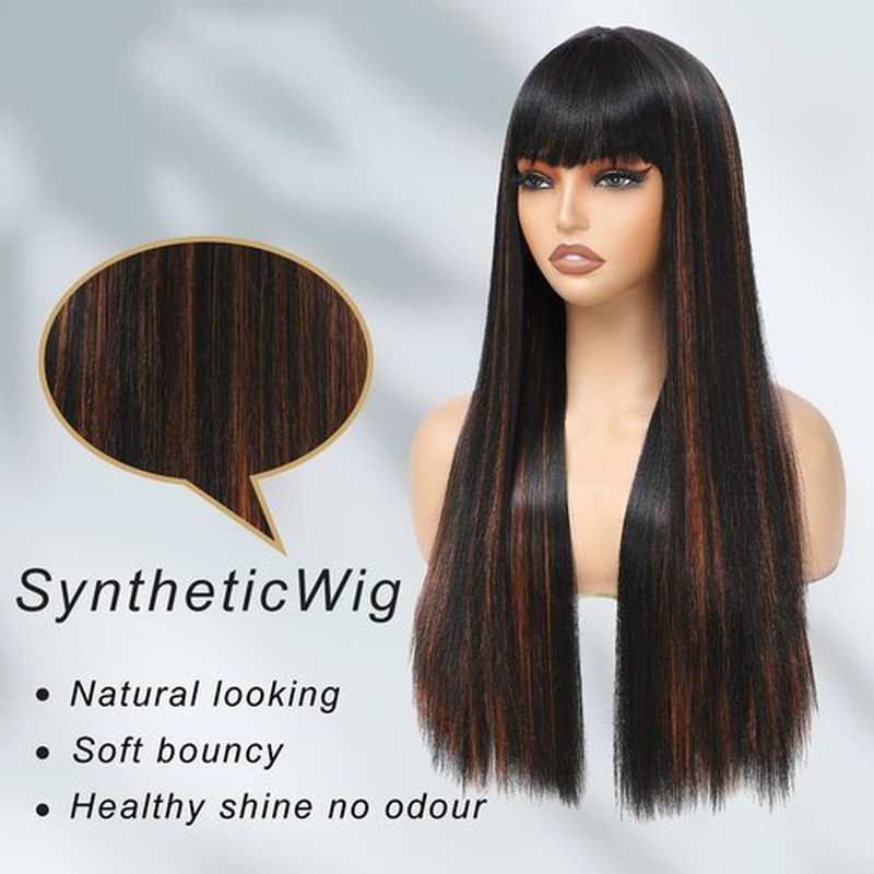Amarlis Black with Orange Wigs for Women, Long Straight Stripes Color Wigs with Bangs, Natural Looking Soft Synthetic Fiber Wig for Daily Party