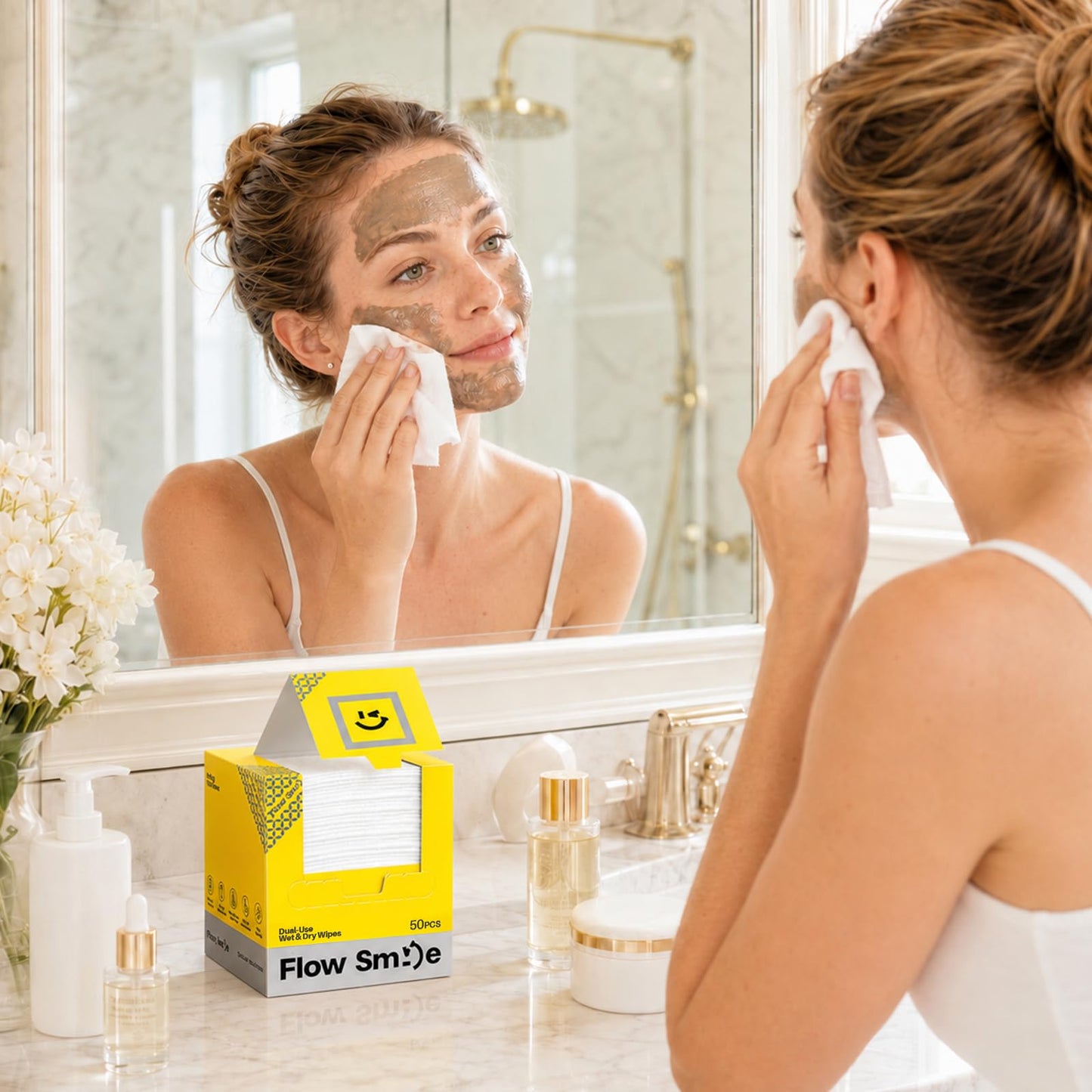 FLOW SMILE Face Towels, Disposable Face Towels, 50 Count Extra Thick & Ultra Soft Lint-Free Dry Wipes for Sensitive Skin, Unscented Biodegradable for Makeup Removal & Facial Cleansing
