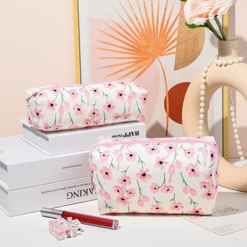SOIDRAM Makeup Bag Corduroy Cosmetic Bag Cute Pink Floral Makeup Pouch 1Pcs Large Capacity Makeup Bags and 1Pcs Makeup Brushes Storage Bag Travel Toiletry Bag Organizer