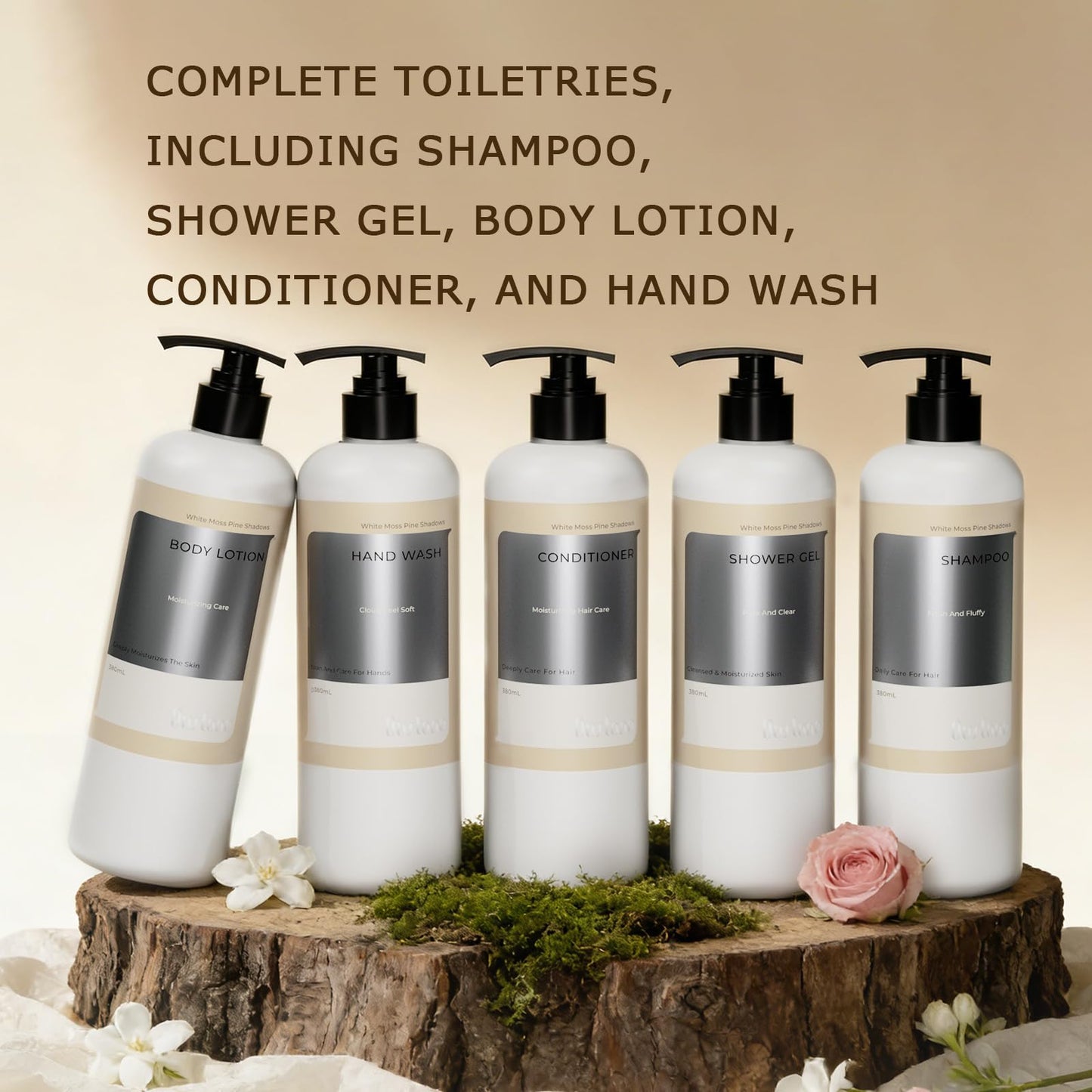 OUSTANE Floral White Moss Pine Shadows Hotel Toiletries Amenities Set (8 Pack) Bulk Hotel Amenities- 2-Shampoo, 2-Body Wash, 2-Hand Wash, 1-Conditioner and 1-Body Lotion, With bracket