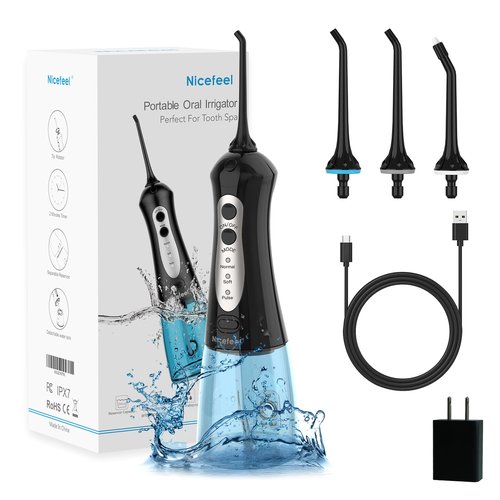 Cordless Water Flosser Teeth Cleaner, Nicefeel 300ML 2 Tip Cases Portable and USB Rechargeable Oral Irrigator for Travel, IPX7 Waterproof, 3-Mode Water Flossing with 4 Jet Tips for Home Blue