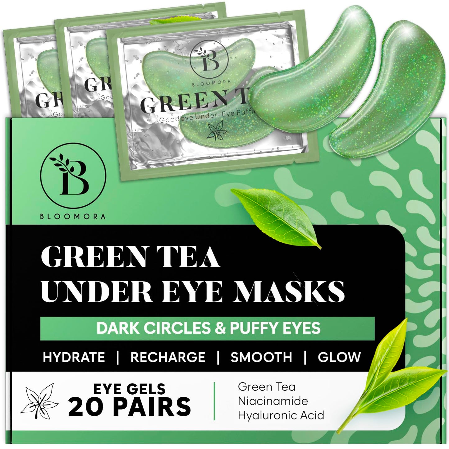 BLOOMORA Green Tea Under Eye Patches (20 Pairs) - Dark Circles & Puffiness Care - Hydrating Eye Mask for Dark Circles and Puffiness