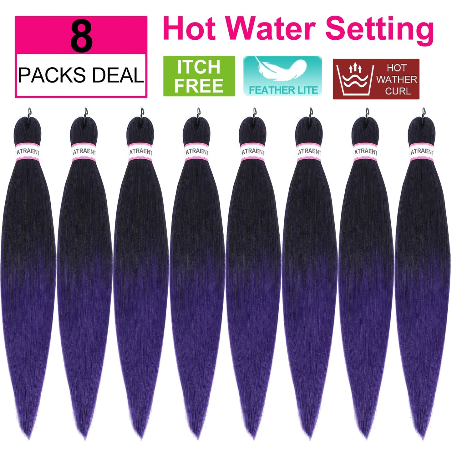 ATRAENTE Braiding Hair Pre Stretched,18 Inch 8 Packs Ombre Braiding Hair for Boho Box Braids Yaki Texture Hot Water Setting Soft And Light