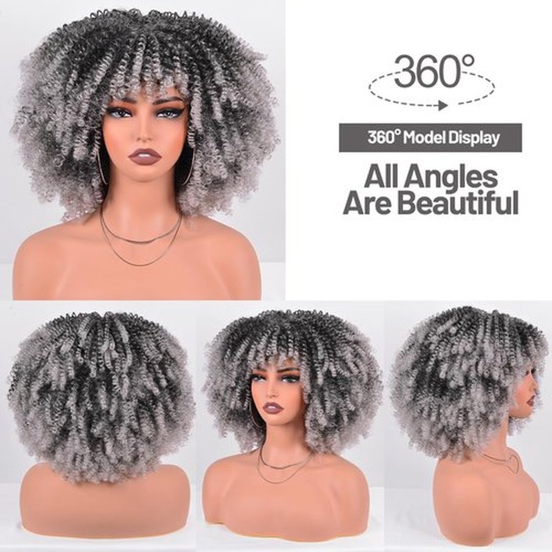 Vitorish Short Curly Afro Wig with Bangs 12 Inches Natural Afro Kinky Curly Synthetic Hair Wig about 280g/Piece No Glue Heat Resistant Hair Replacement Wigs (Ombre Grey)