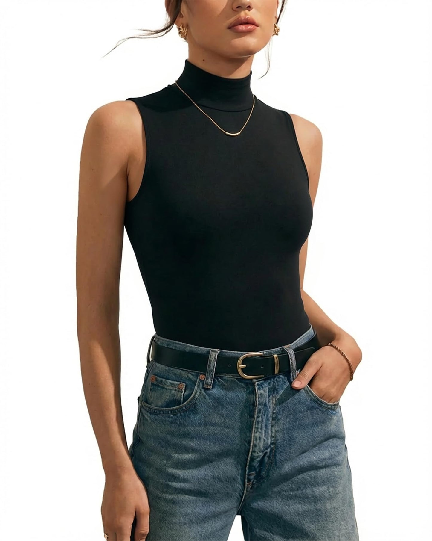 MANGOPOP Women's Mock Turtle Neck Long Sleeve Tops Bodysuit Jumpsuit