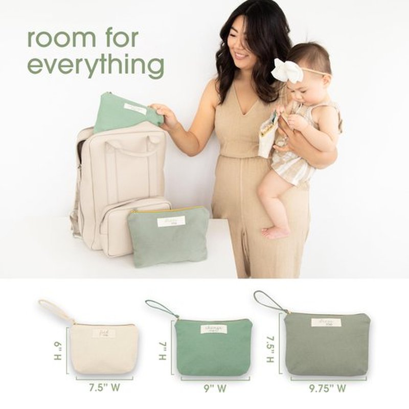 Pearhead Baby Diaper Bag Organizing Pouch Set – Feed Me, Change Me, Dress Me – Zip Pouches Made from Recycled Cotton, Gender Neutral Diaper Bag Accessories and Baby Essentials Organizer - Set of 3