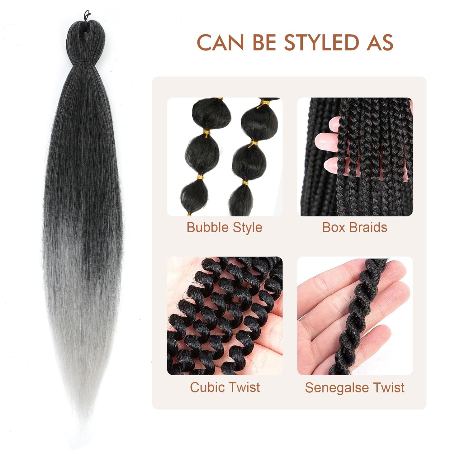 DIFUNEE Pre-stretched Braiding Hair - 16 Inch 8 Packs Ombre Gray Short Braiding Hair For Twist or Box Braids, Yaki Texture Hot Water Setting Synthetic Braiding Hair Extensions (16 Inch, T-Gray-8P)