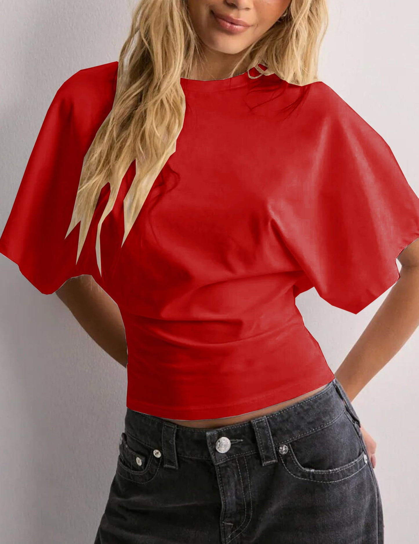 Lumister Shirts for Womens Crewneck Tighten Waist T-Shirt Casual Short Sleeve Workout Tops Solid Color Basic Tees(0781-Red-S)