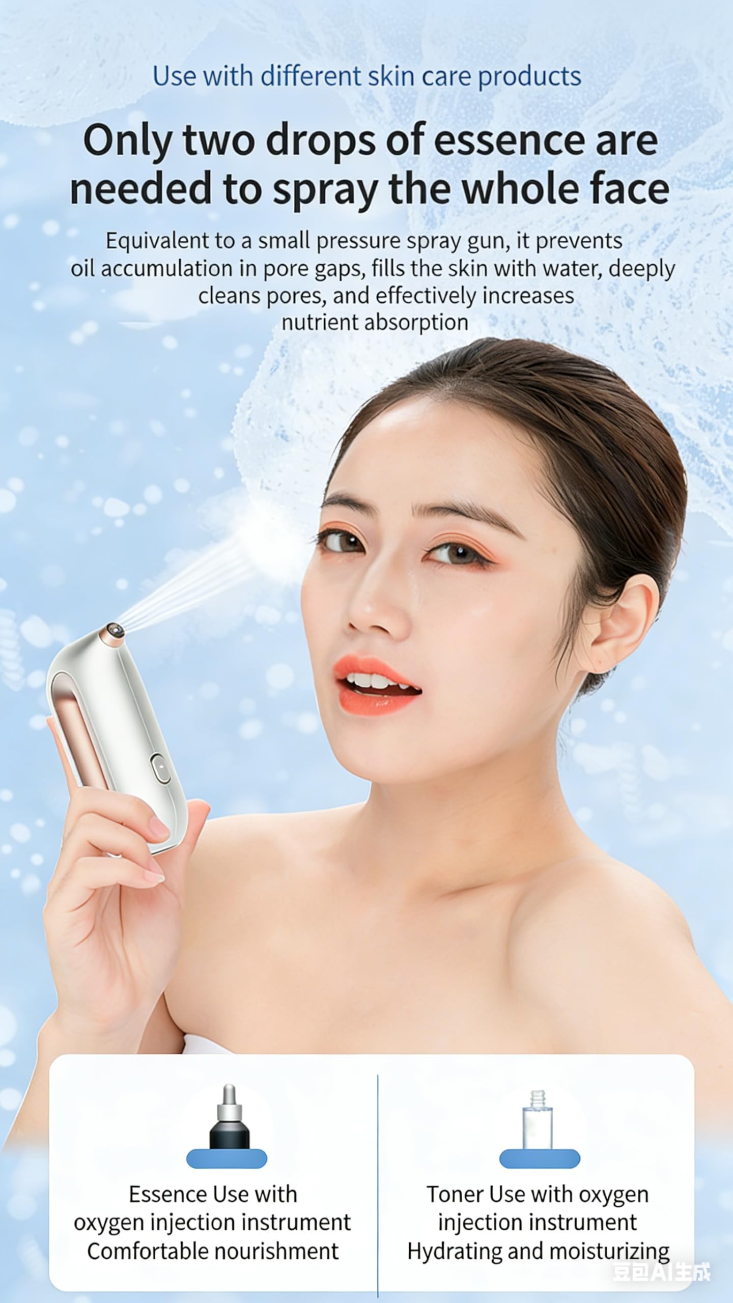 Handheld Needle-Free Oxygen Facial Machine, High Pressure Nano Mist Sprayer for at-Home Face Hydration and Brightening, White and Gold