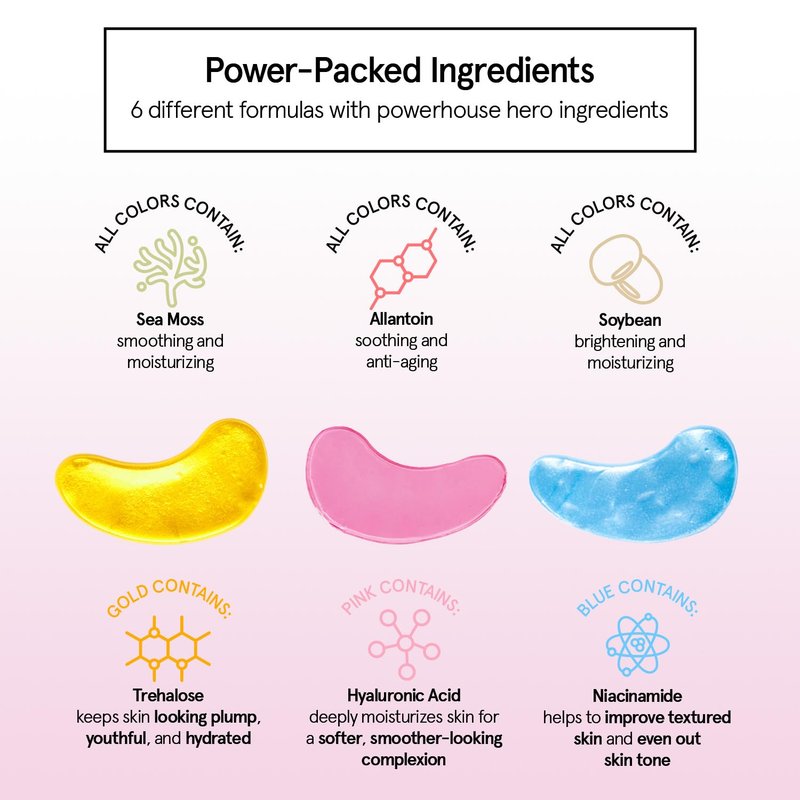 Under Eye Mask Variety Pack - 18 Pairs of Gel Patches for Dark Circles | 6 Colors, Vegan Gift Set for Women