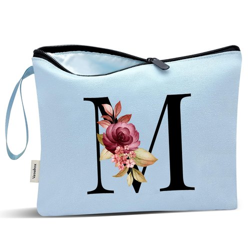 Vavabox A-Z Personalized Makeup Bag,Birthday Gifts for Women Mom,Gifts for Best Friend,Bride Bridesmaid Cosmetic bag (M, Blue)