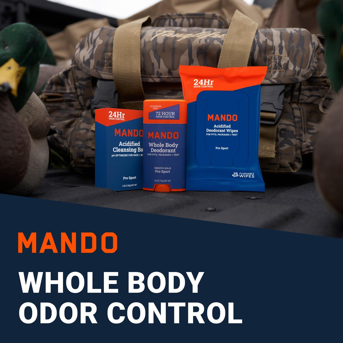Mando Whole Body Deodorant 3 Piece System - 2.6 oz Smooth Solid Stick, 5.0 oz 4in1 Acidified Cleansing Bar, & 15 ct Deodorant Wipes - Aluminum & Baking Soda Free Odor Control - 3 pc Bundle (Pro Sport)