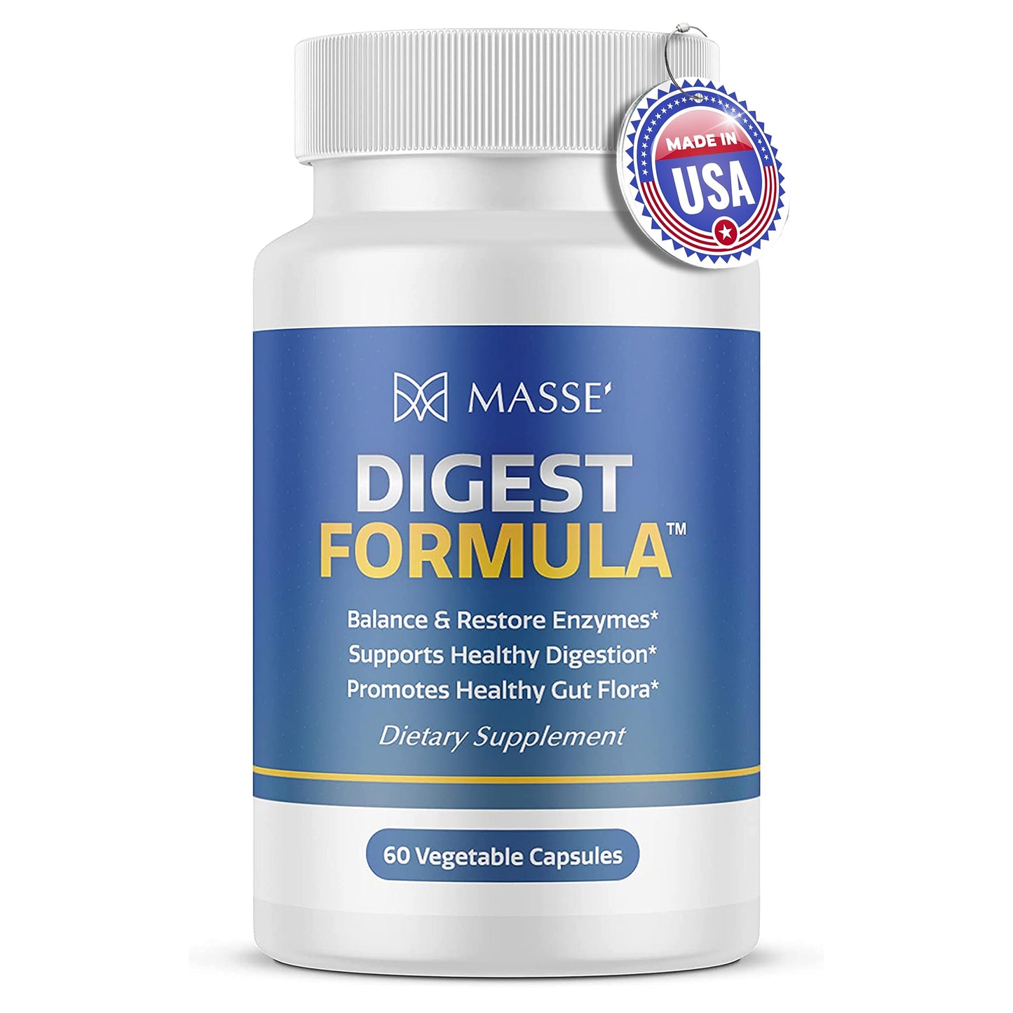 MASSE' Digest Formula Supplement Enzyme Boost Capsules - Advanced Formula for Digestive Health & Gut Flora Support - Natural Organic Enzyme Supplement for Digestive Care and Overgrowth- 60 Count