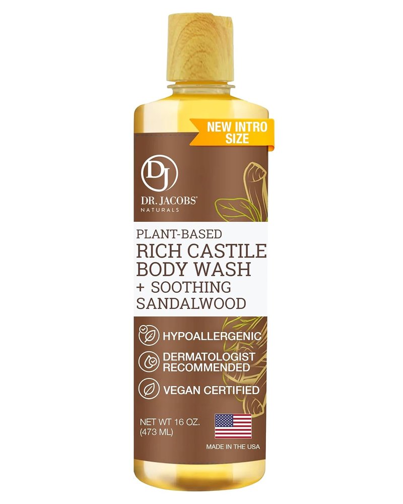 Dr. Jacobs Naturals Pure Castile Soap - Sandalwood Liquid Body Wash with Vitamin E & Aloe Vera | 16 oz for Dry Skin