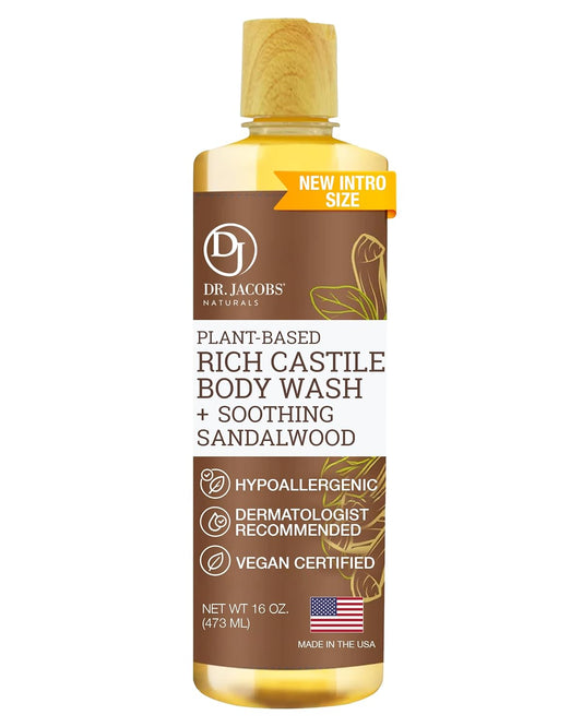 Dr. Jacobs Naturals Pure Castile Soap - Sandalwood Liquid Body Wash with Vitamin E & Aloe Vera | 16 oz for Dry Skin