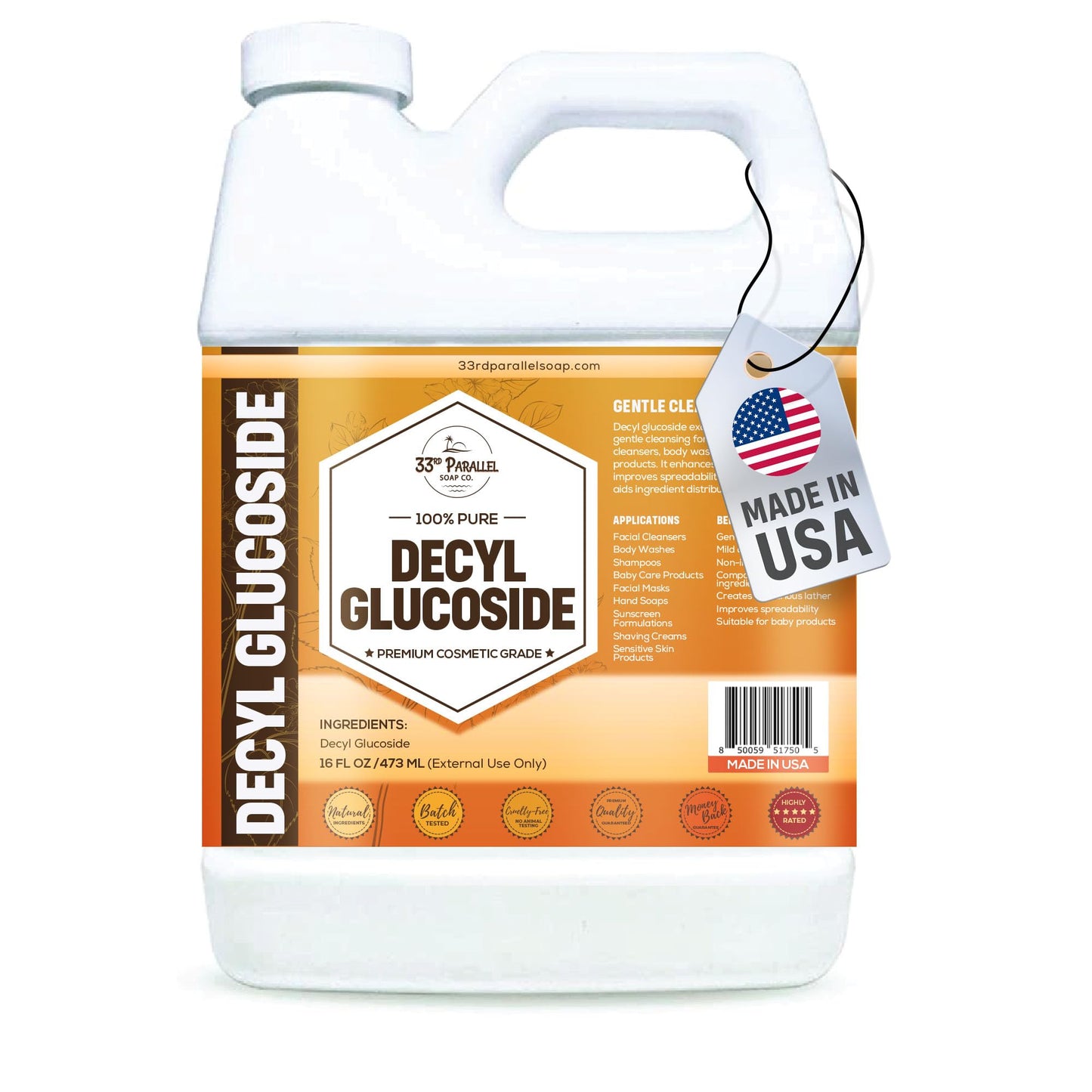 Decyl Glucoside Liquid Surfactant (16 oz) – Naturally Plant Derived – for DIY Skin Care – Use in Facial Cleansers, Body Washes, Shower Gels, Foaming Soaps, Shampoos, Baby Products | 16 Ounces