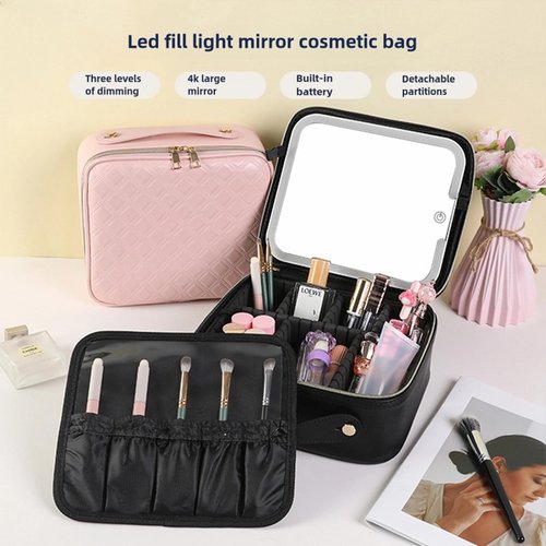 JXAUDEKK Large Capacity Travel Makeup Train Case with LED Mirror,Rechargeable LED Light for Makeup Cosmetic Case with Brushes Storage Organizer,Travel Box Cosmetic Bag for Women (Pu Leather Black)