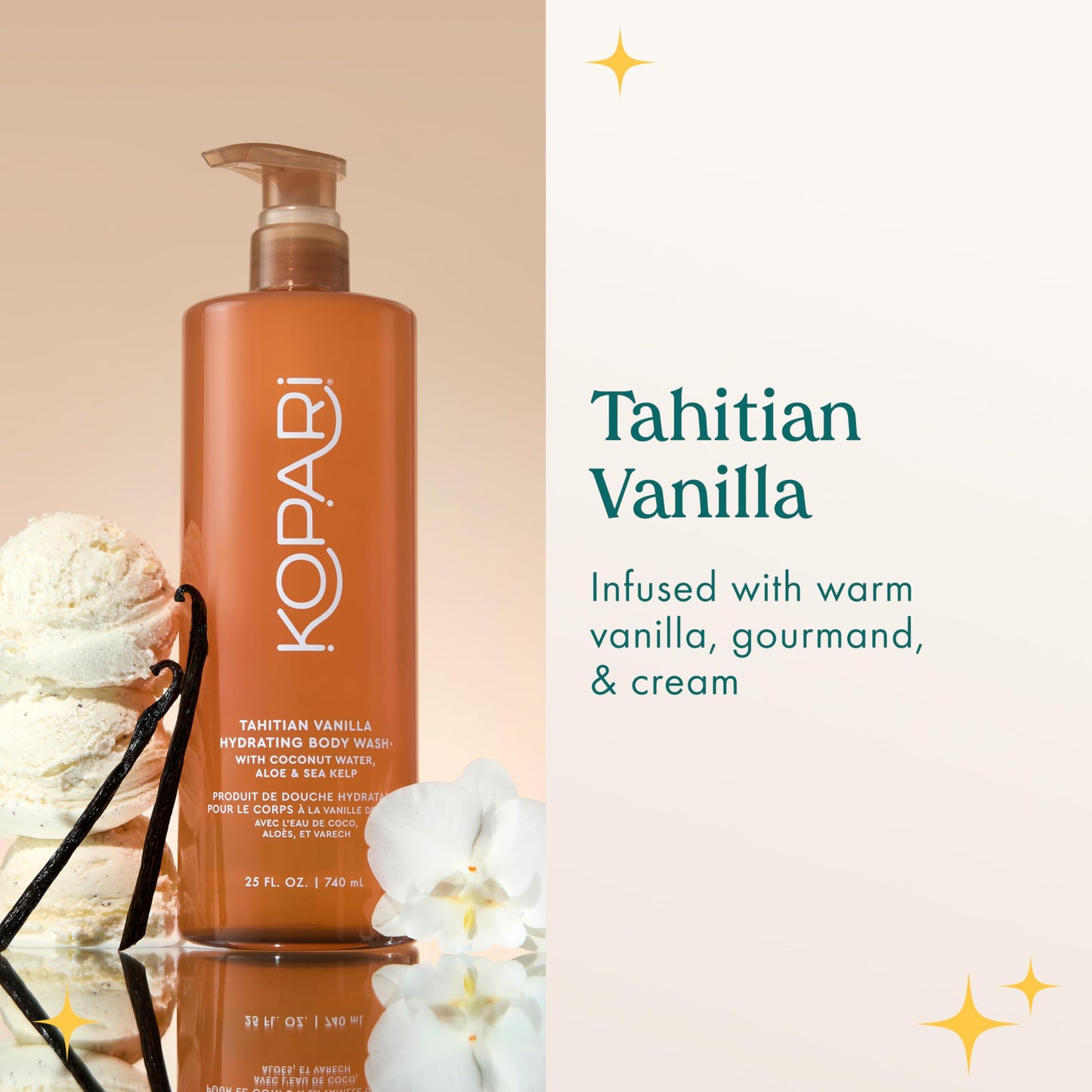 Kopari Jumbo Tahitian Vanilla Hydrating Body Wash | 25 oz Gel-Based Body Cleanser with Coconut Water, Aloe & Sea Kelp | Rich Lather, Signature Coconut Milk Scent