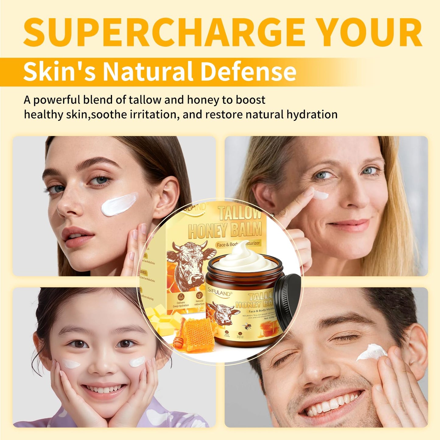 SiFULAND Beef Tallow for Skin, 100% Organic Grass-Fed Beef Tallow & Raw Honey Balm - Deep Nourishing Moisturizer for Face and Body, Sensitive Skin - All Natural Formula - 4.2 OZ