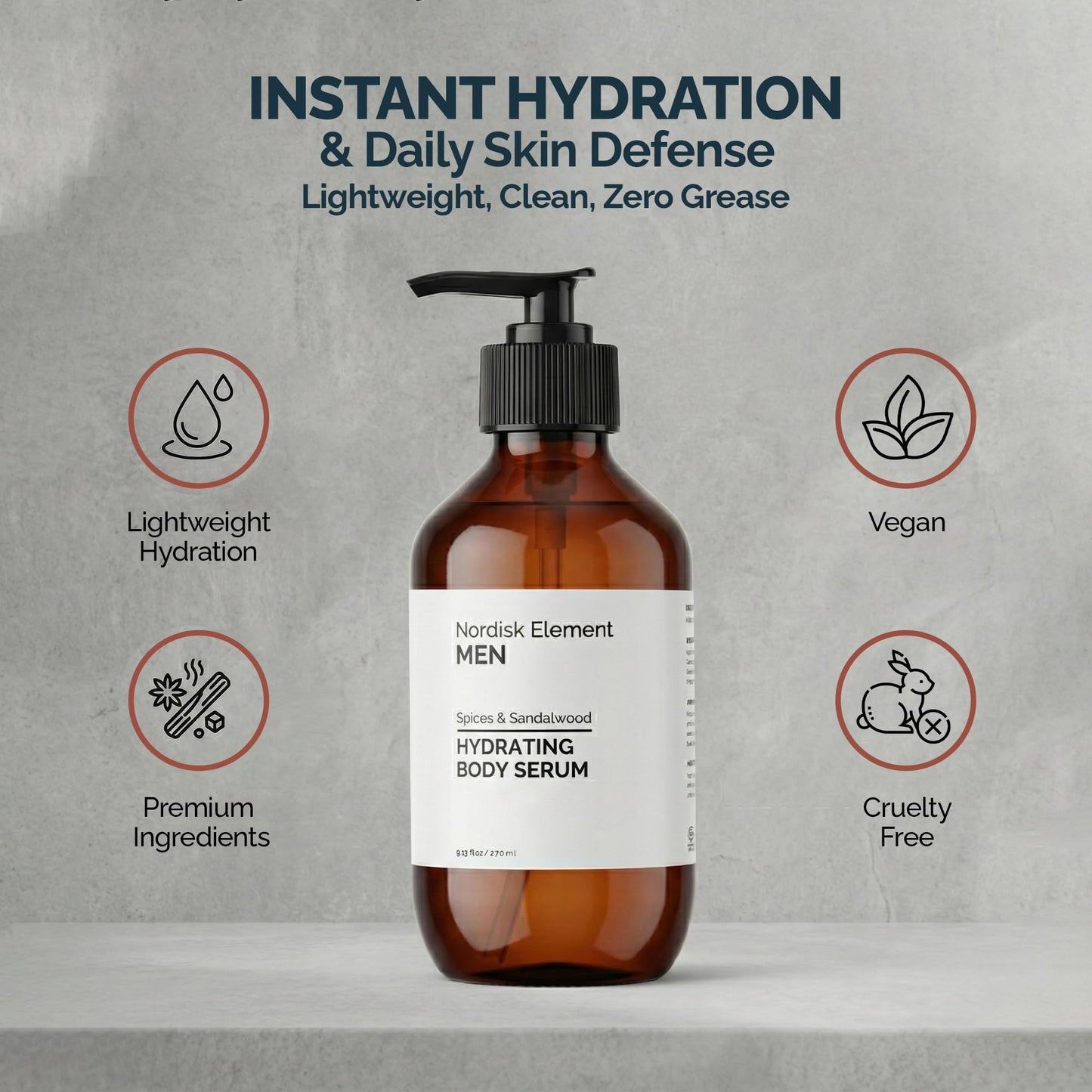 Nordisk Element Body Serum for Men, 9.13 Fl Oz | Lightweight & Instant Hydrating Serum with Hyaluronic Acid, Antioxidants & Nordic Botanicals | Vegan, Spices & Sandalwood Scent