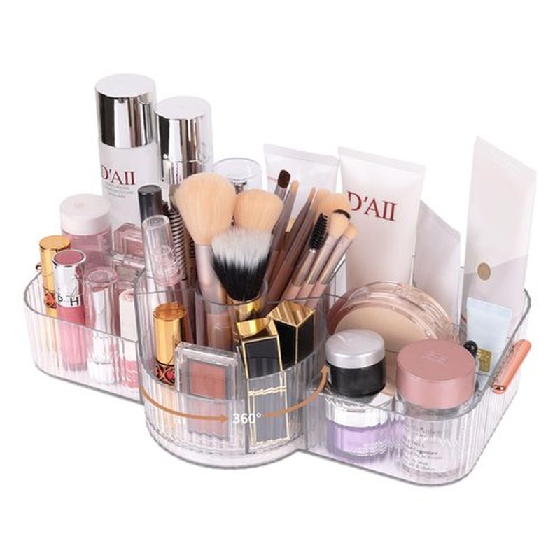 LAIMIJIN Countertop Makeup Organizer, Large Capacity Rotating Cosmetic Display Case for vanity, Spacious Makeup Skincare Storage Organizer with Makeup Brush Holder for Countertop (Clear)