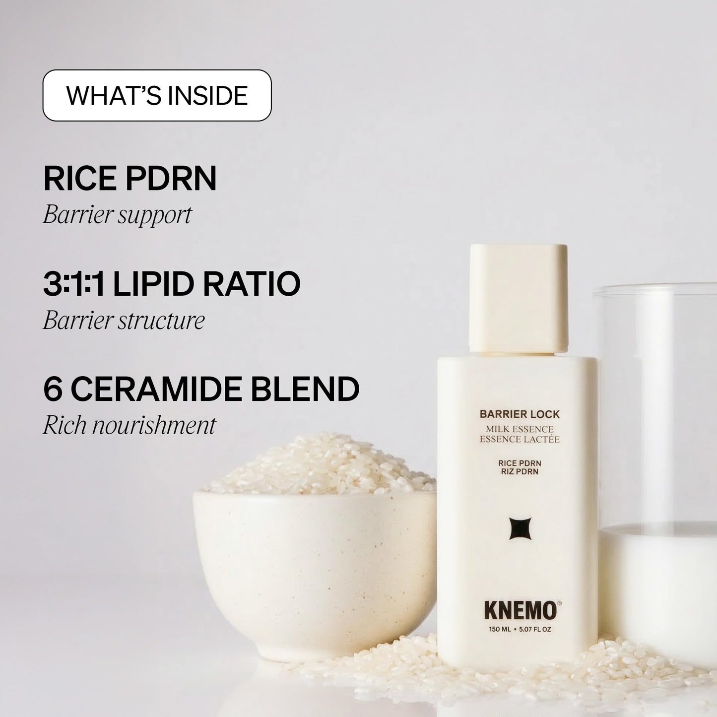 KNEMO BARRIER LOCK Rice PDRN Milk Essence - Intense Hydrating Barrier Repair Milky Toner with 6 Ceramides Deep Moisture for Dry, Sensitive, & Irritated Skin