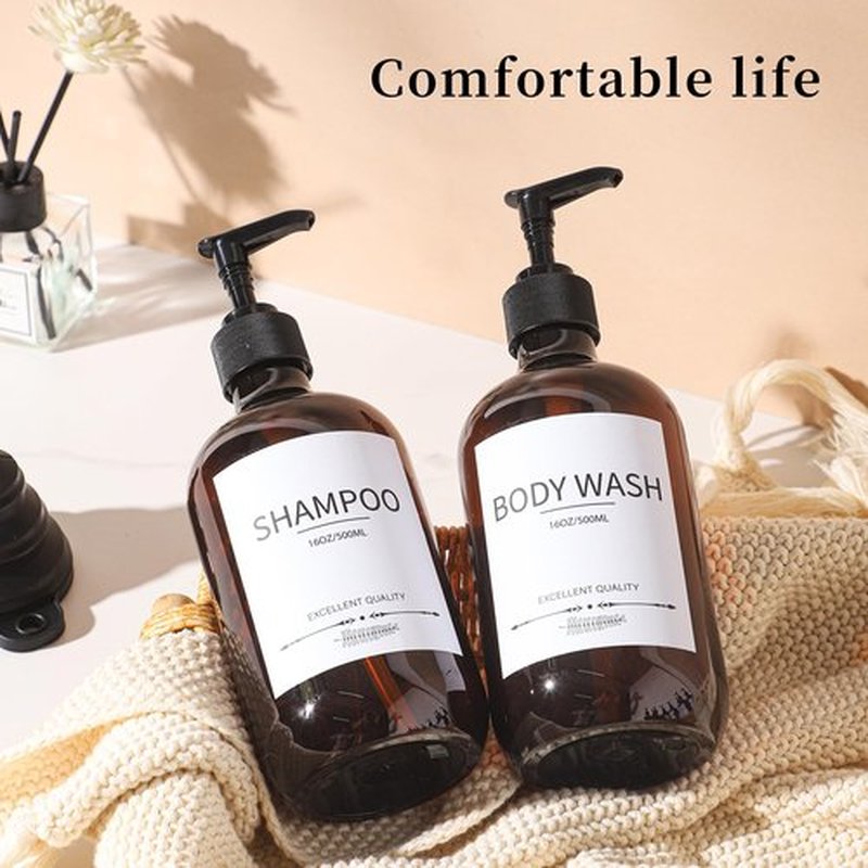Stylish Shampoo Bottles Refillable with Pump,(5Pack) Amber Shampoo and Conditioner Dispenser,Shampoo Bottles with 8pcs Lables,Shampoo and Conditioner Bottle Set