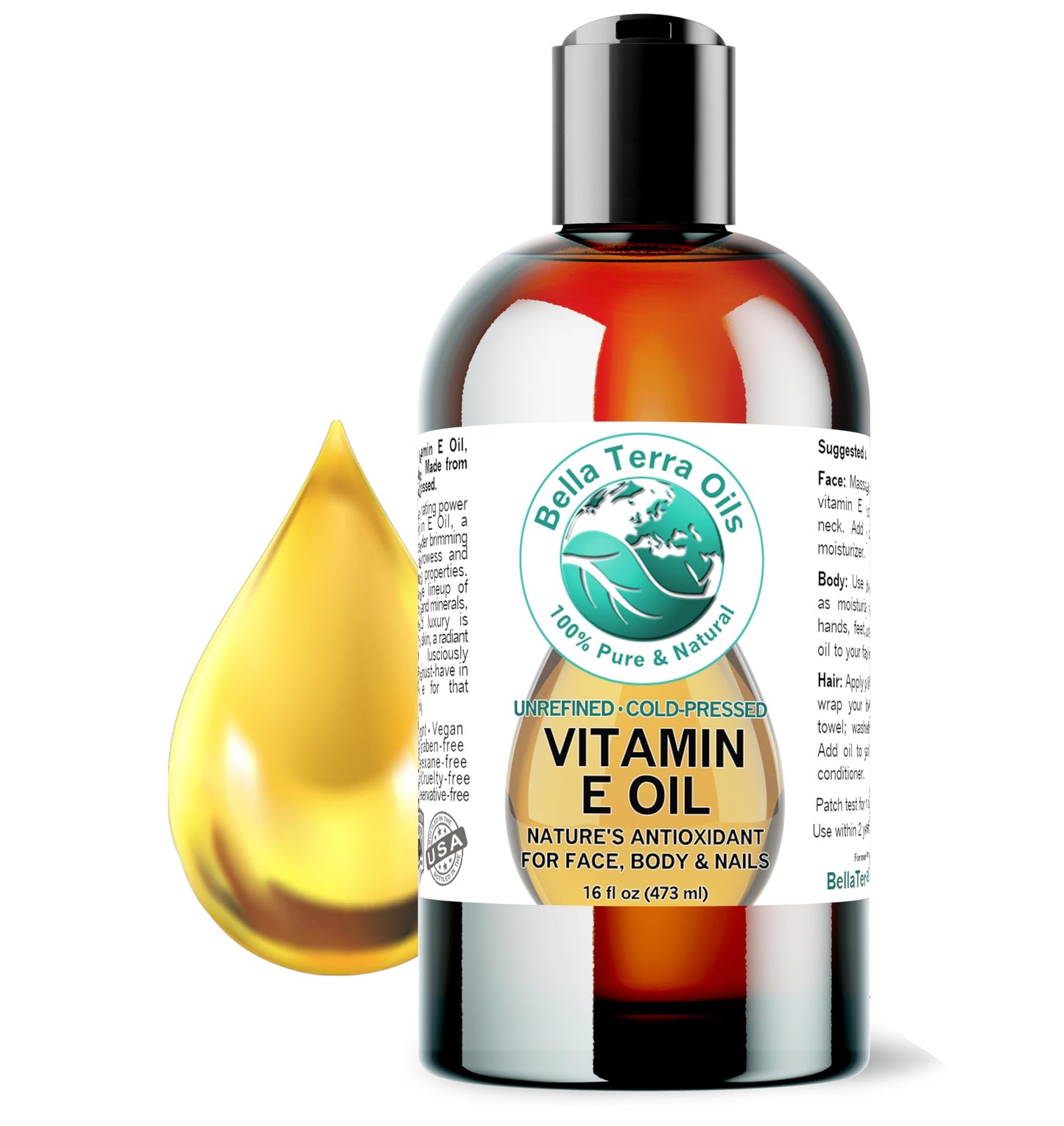Bella Terra Oils - Natural Vitamin E Oil 16 oz - Premium D-Alpha Tocopherol Extract, Packed with Essential Nutrients & Fatty Acids, Elevate Your Skincare Ritual