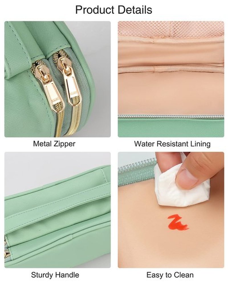 Relavel Travel Small Makeup Bag, Makeup Organizer Bag, Double Layer Cosmetic Bag, Makeup Pouch for Women, Washable Makeup Organizer Bag, Portable Handbag with Handle (Green)