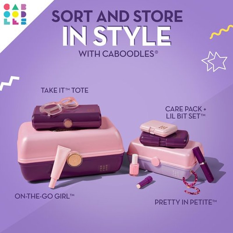 Caboodles Pretty in Petite Makeup Box, Two-Tone Lavender on Violet, Hard Plastic Organizer Box, 2 Swivel Trays, Fashion Mirror, Secure Latch for Safe Travel