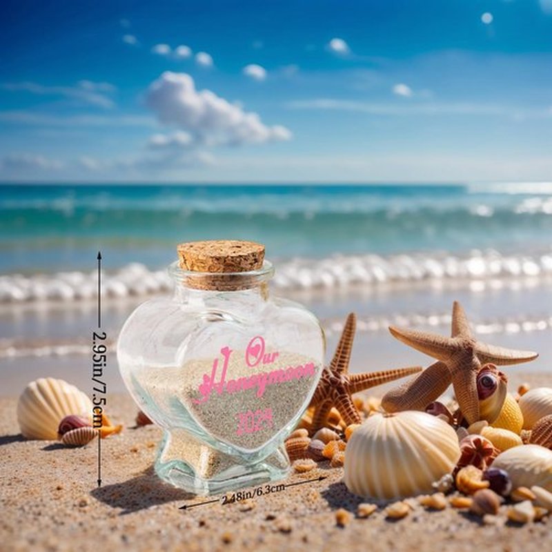 Fornixe Personlized Honeymoon Sand Jar 2024, Heart Shaped Glass Jars with Customised Text Date Custom Sand Bottles Keepsake Jar for Decorations, Wedding Party Favors (Style2)