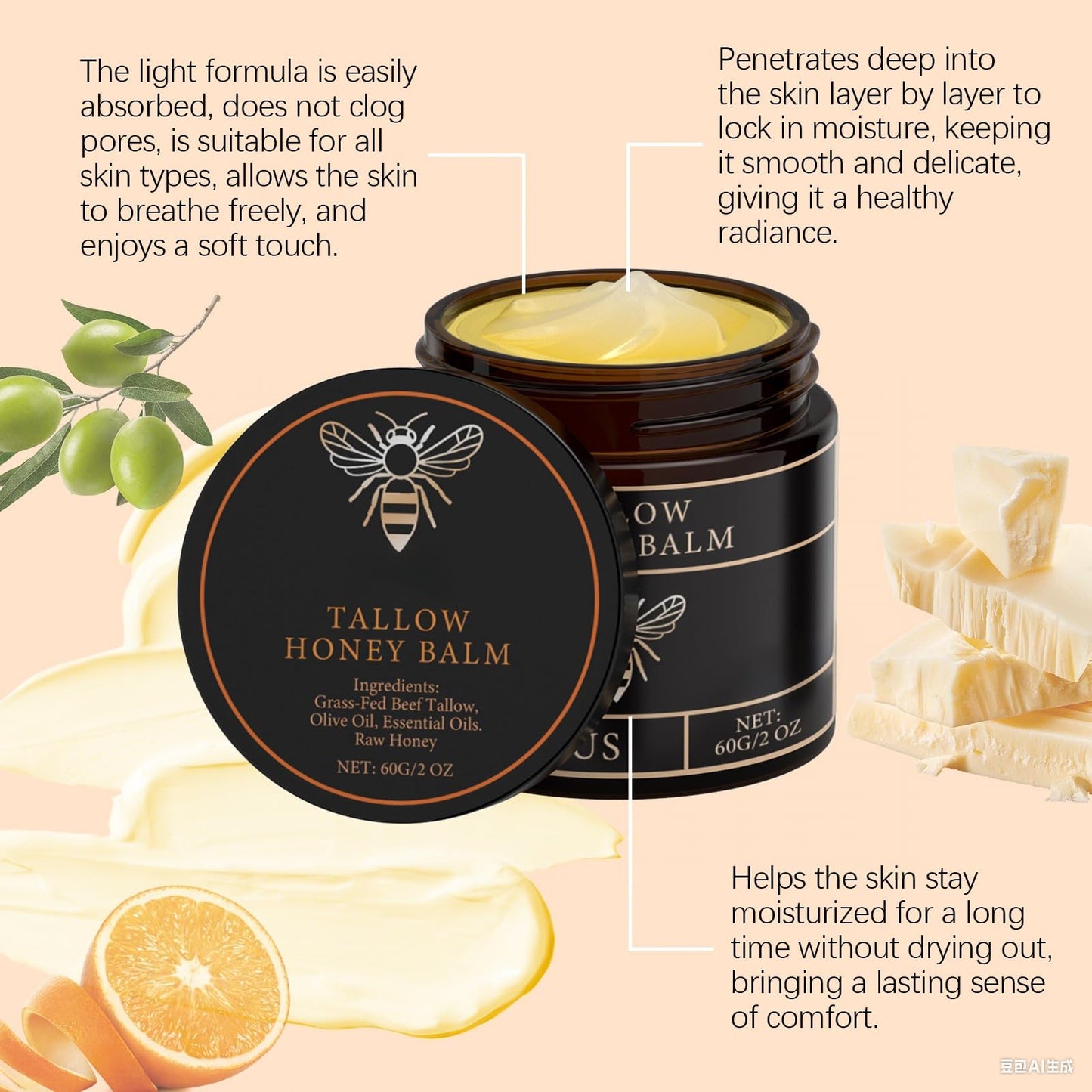 CHHQLZS Tallow Honey Balm for Skin, Natural Handmade Citrus Moisturizer for Soft Smooth Face Hands & Body, 2 Oz