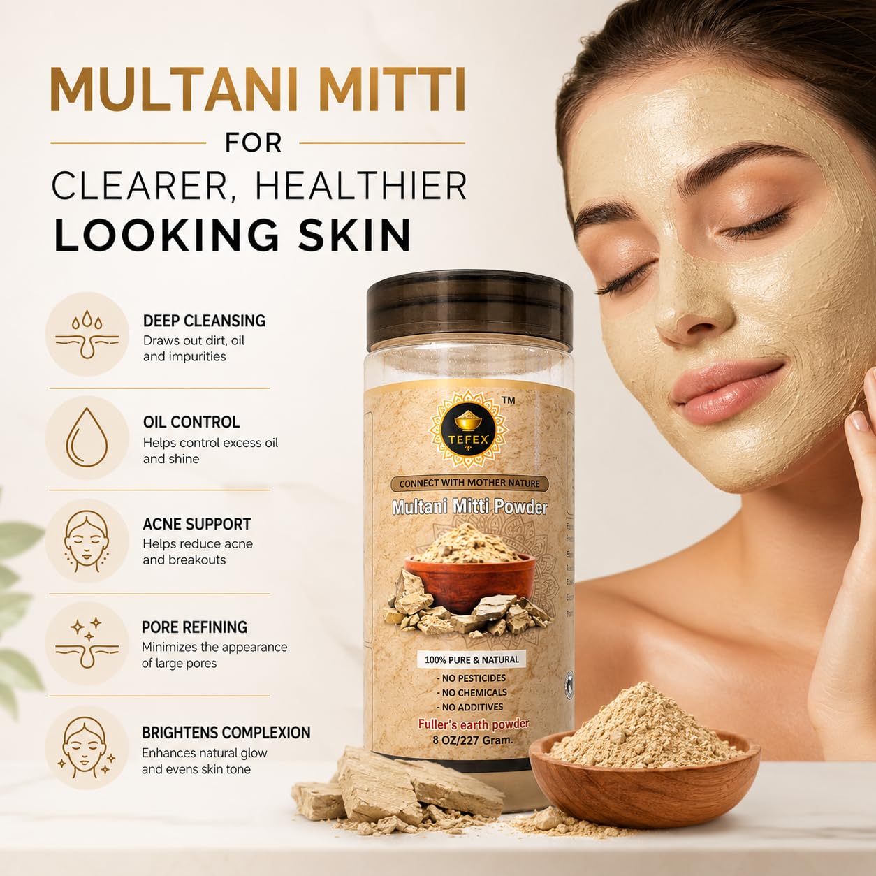 TEFEX ENTERPRISES Multani Mitti Powder (Fuller’s Earth) – 227 Grams / 8 oz | 100% Natural Clay for Face Mask, Skin Detox & Oil Control | Airtight Bottle